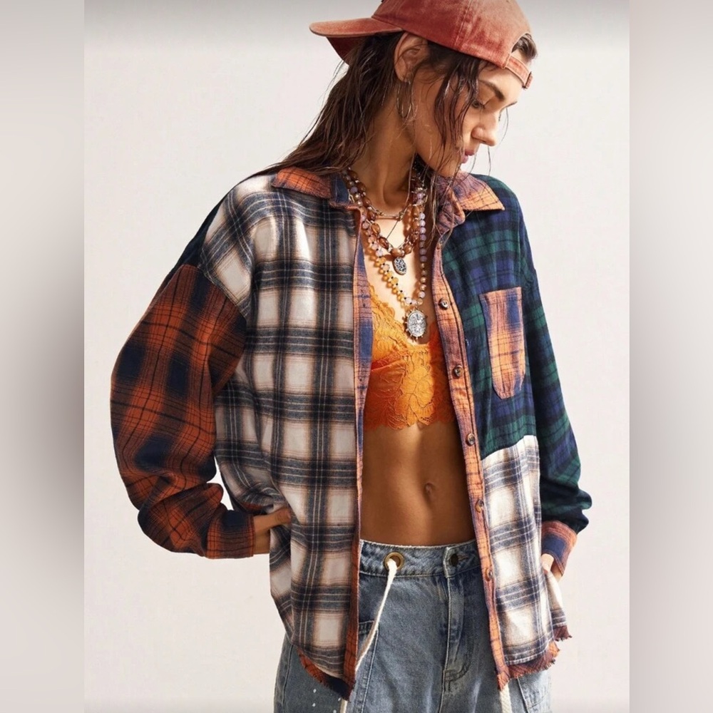 Plaid Patchwork Button-Up Shirt NWT - image 2